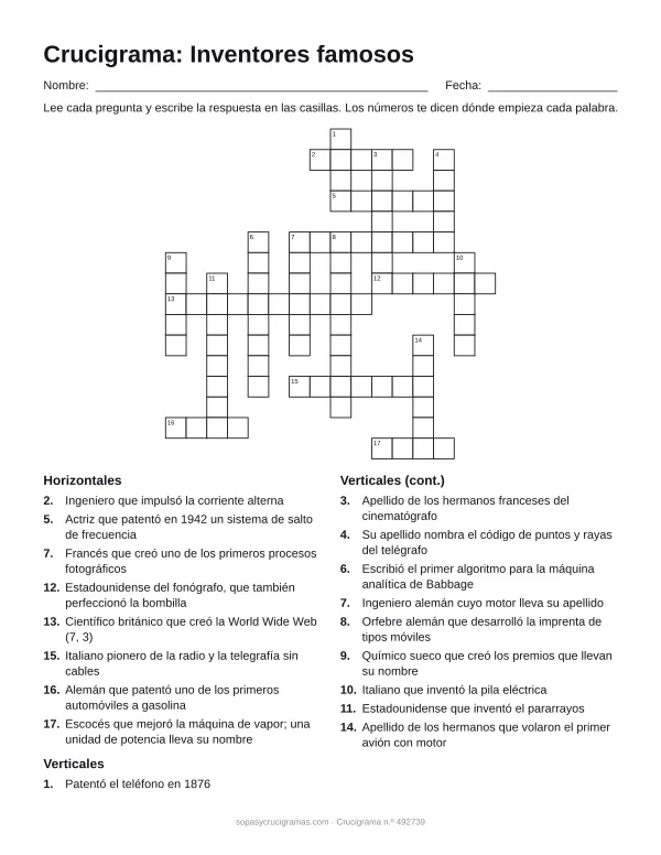 Hoja para imprimir del crucigrama de inventores famosos: cuadrícula numerada de 16 × 16 con 8 palabras horizontales y 10 verticales, y la lista de pistas.