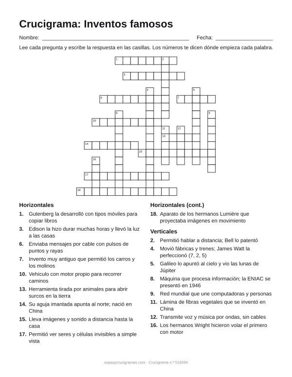 Hoja para imprimir del crucigrama de inventos famosos: cuadrícula numerada de 18 × 18 con 10 palabras horizontales y 8 verticales, y la lista de pistas.