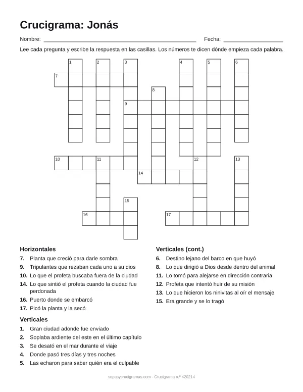 Hoja para imprimir del crucigrama de Jonás y el gran pez: cuadrícula numerada de 13 × 14 con 6 palabras horizontales y 11 verticales, y la lista de pistas.