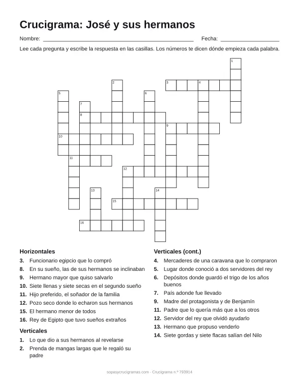 Hoja para imprimir del crucigrama de José y sus hermanos: cuadrícula numerada de 17 × 17 con 8 palabras horizontales y 11 verticales, y la lista de pistas.