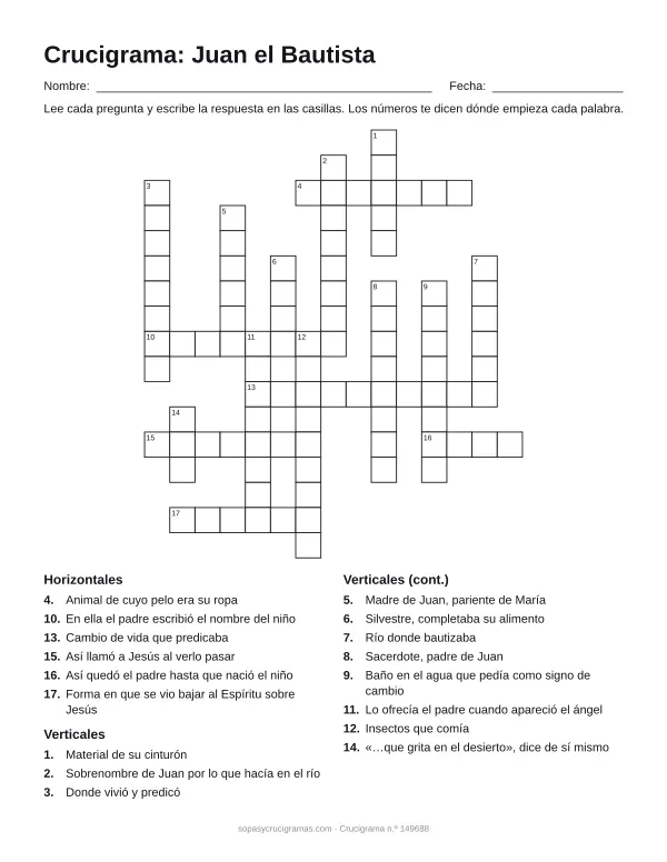 Hoja para imprimir del crucigrama de Juan el Bautista: cuadrícula numerada de 17 × 15 con 6 palabras horizontales y 11 verticales, y la lista de pistas.