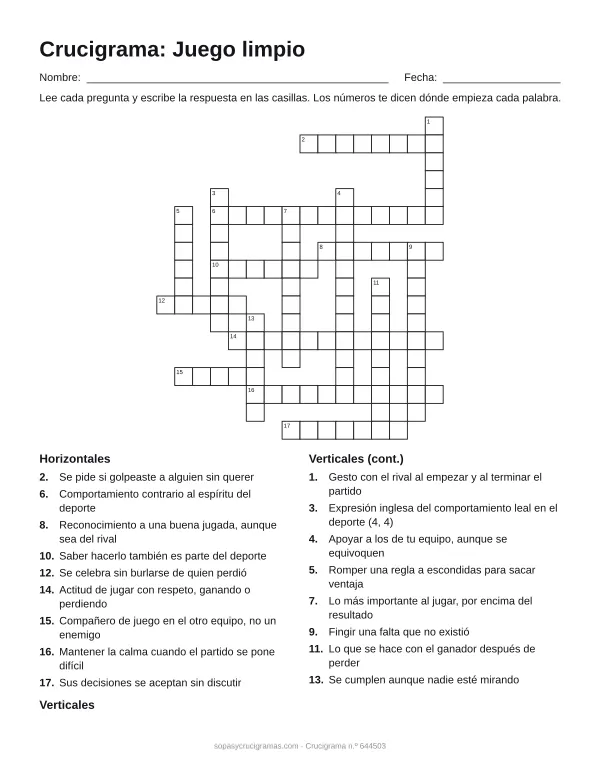Hoja para imprimir del crucigrama del juego limpio: cuadrícula numerada de 18 × 16 con 9 palabras horizontales y 8 verticales, y la lista de pistas.