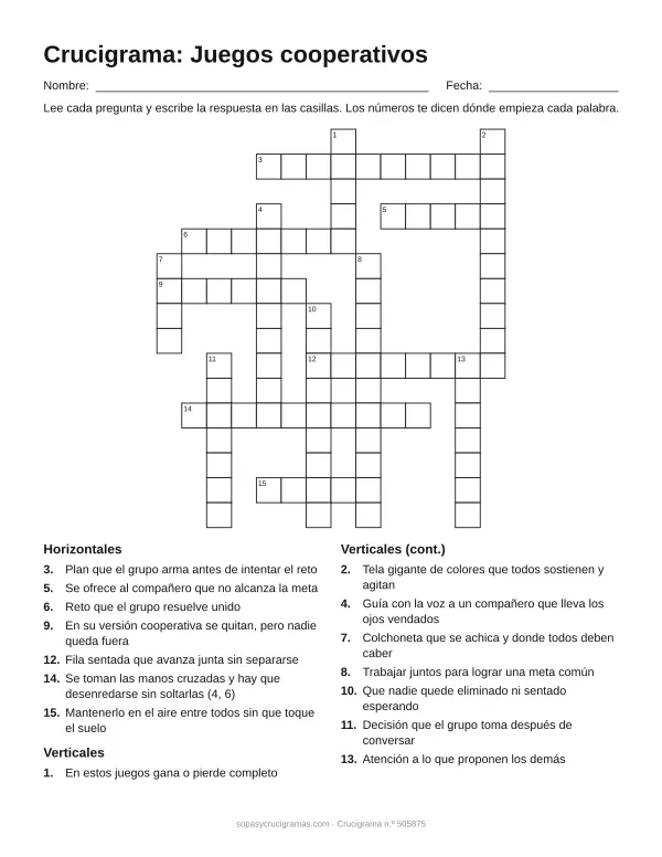 Hoja para imprimir del crucigrama de juegos cooperativos: cuadrícula numerada de 16 × 14 con 7 palabras horizontales y 8 verticales, y la lista de pistas.