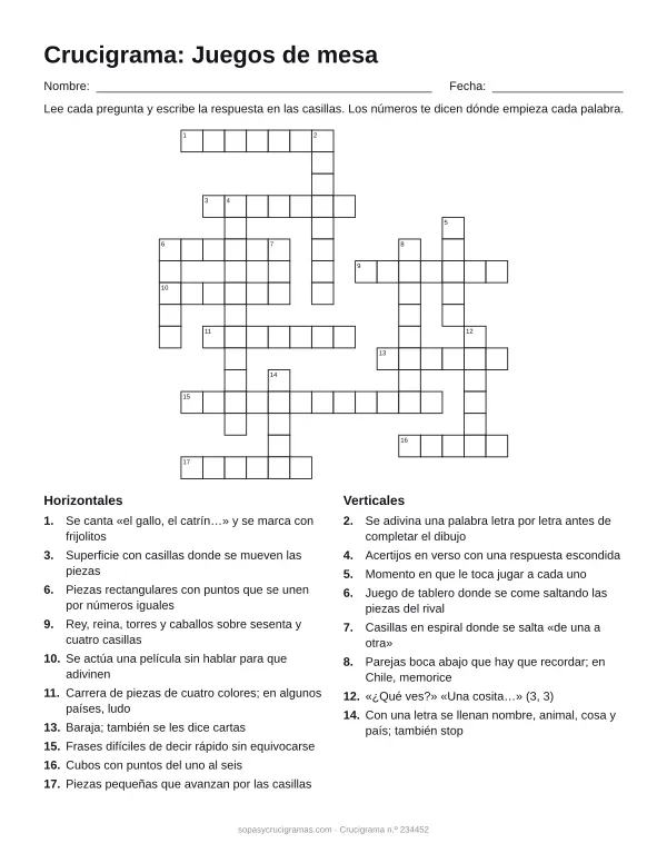 Hoja para imprimir del crucigrama de juegos de mesa: cuadrícula numerada de 16 × 16 con 10 palabras horizontales y 8 verticales, y la lista de pistas.