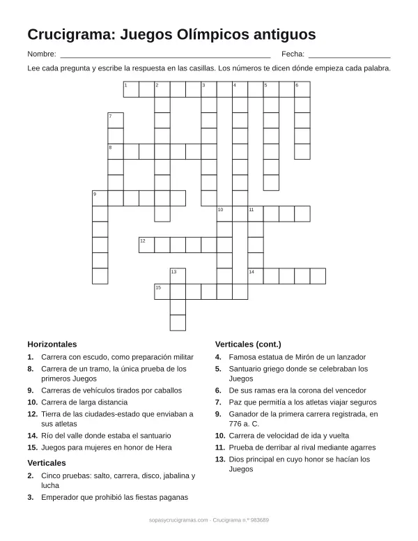 Hoja para imprimir del crucigrama de los Juegos Olímpicos antiguos: cuadrícula numerada de 16 × 15 con 7 palabras horizontales y 10 verticales, y la lista de pistas.