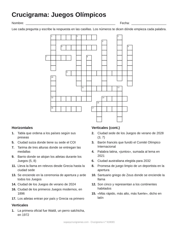 Hoja para imprimir del crucigrama de los Juegos Olímpicos: cuadrícula numerada de 17 × 17 con 9 palabras horizontales y 9 verticales, y la lista de pistas.
