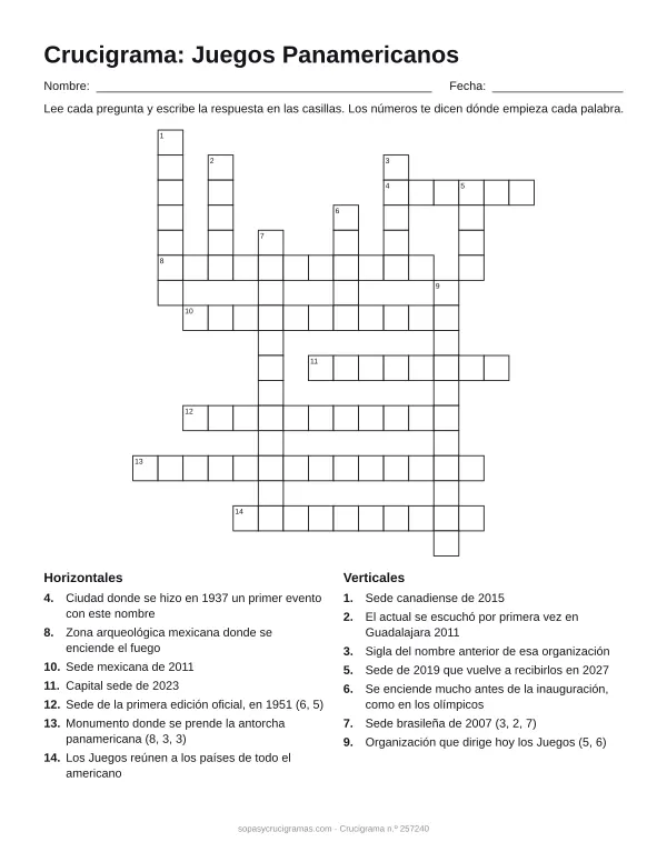 Hoja para imprimir del crucigrama de los Juegos Panamericanos: cuadrícula numerada de 17 × 16 con 7 palabras horizontales y 7 verticales, y la lista de pistas.