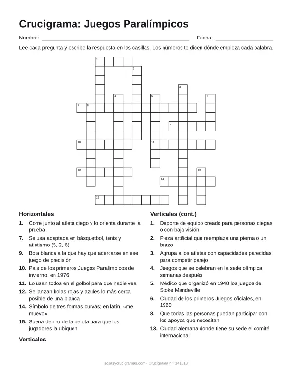 Hoja para imprimir del crucigrama de los Juegos Paralímpicos: cuadrícula numerada de 16 × 15 con 8 palabras horizontales y 8 verticales, y la lista de pistas.