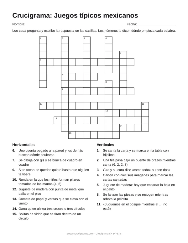 Hoja para imprimir del crucigrama de juegos tradicionales mexicanos: cuadrícula numerada de 14 × 15 con 8 palabras horizontales y 7 verticales, y la lista de pistas.