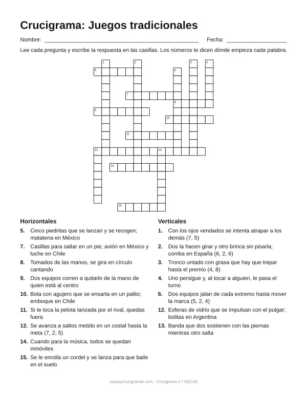 Hoja para imprimir del crucigrama de juegos tradicionales: cuadrícula numerada de 19 × 15 con 9 palabras horizontales y 7 verticales, y la lista de pistas.