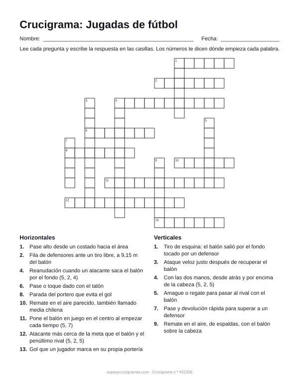 Hoja para imprimir del crucigrama de jugadas de fútbol: cuadrícula numerada de 17 × 17 con 9 palabras horizontales y 6 verticales, y la lista de pistas.