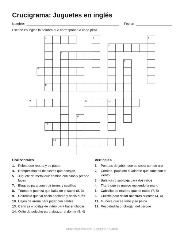 Hoja para imprimir del crucigrama de juguetes en inglés: cuadrícula numerada de 15 × 16 con 9 palabras horizontales y 8 verticales, y la lista de pistas.