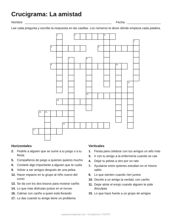 Hoja para imprimir del crucigrama de la amistad: cuadrícula numerada de 18 × 18 con 9 palabras horizontales y 8 verticales, y la lista de pistas.