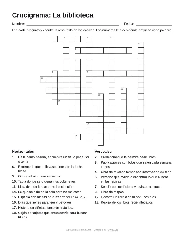 Hoja para imprimir del crucigrama de la biblioteca: cuadrícula numerada de 19 × 18 con 10 palabras horizontales y 8 verticales, y la lista de pistas.