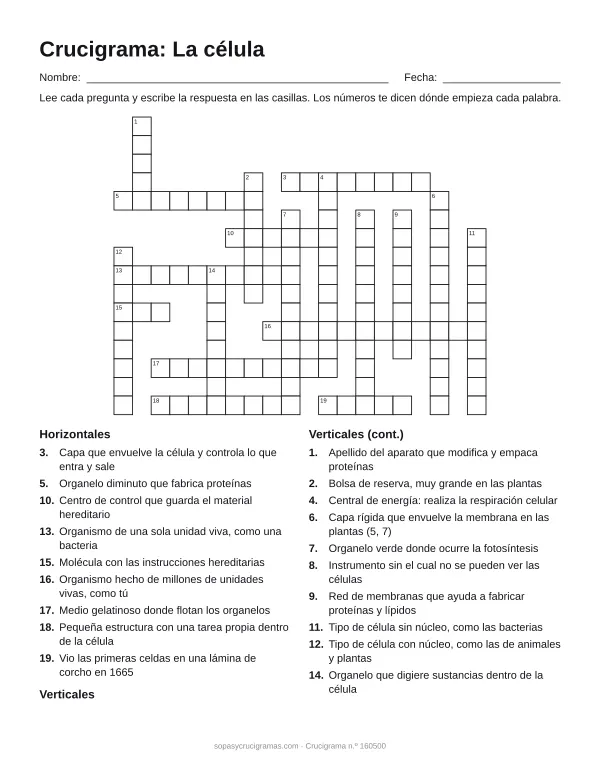 Hoja para imprimir del crucigrama de la célula: cuadrícula numerada de 16 × 20 con 9 palabras horizontales y 10 verticales, y la lista de pistas.