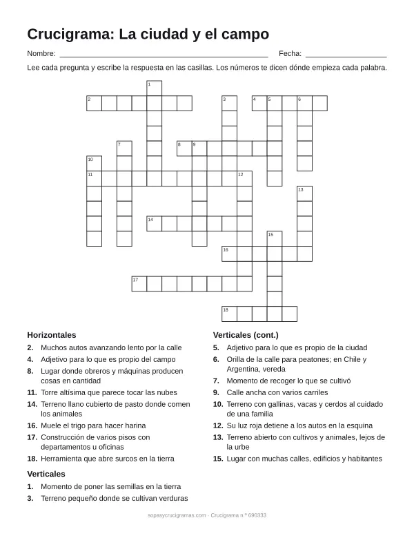 Hoja para imprimir del crucigrama de la ciudad y el campo: cuadrícula numerada de 16 × 16 con 8 palabras horizontales y 10 verticales, y la lista de pistas.