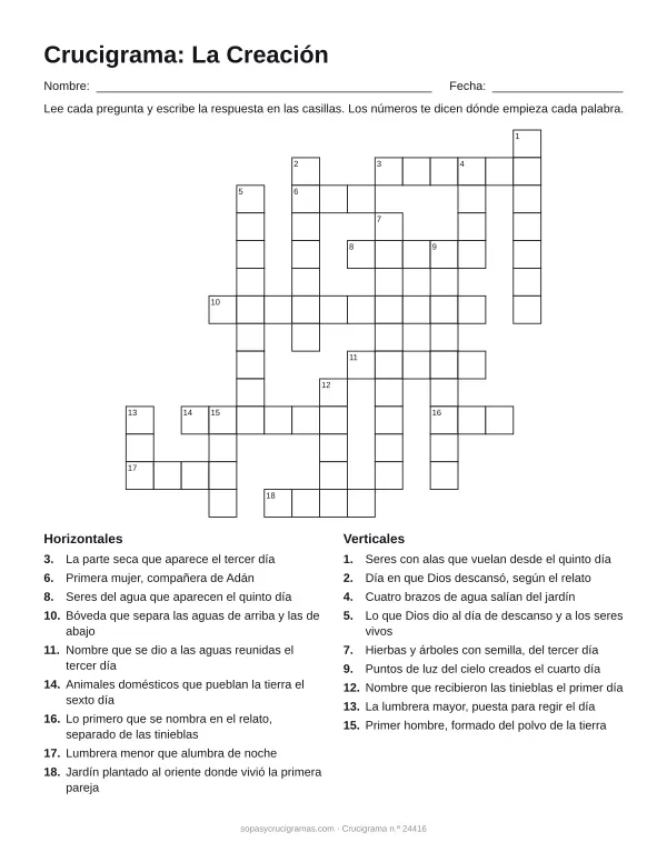 Hoja para imprimir del crucigrama de la Creación: cuadrícula numerada de 14 × 15 con 9 palabras horizontales y 9 verticales, y la lista de pistas.