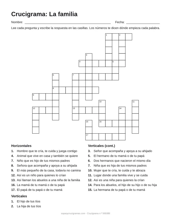 Hoja para imprimir del crucigrama de la familia: cuadrícula numerada de 16 × 16 con 9 palabras horizontales y 11 verticales, y la lista de pistas.