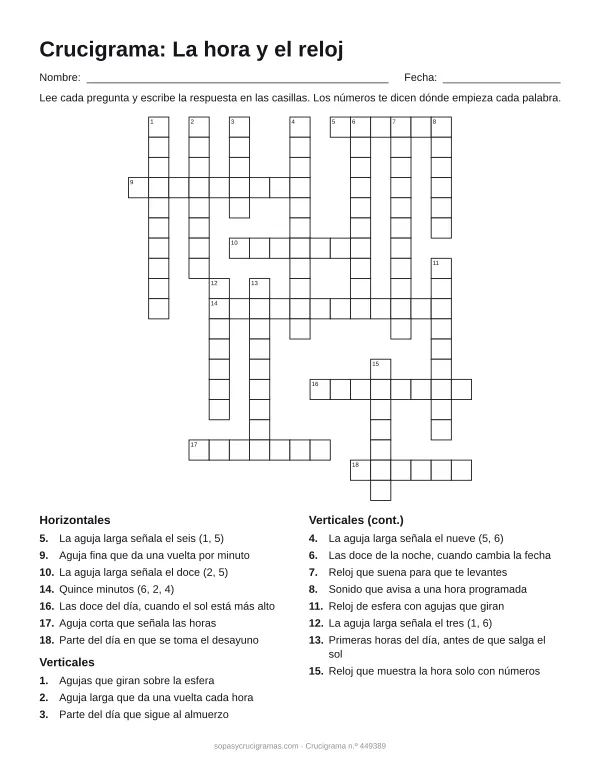 Hoja para imprimir del crucigrama del reloj y la hora: cuadrícula numerada de 19 × 17 con 7 palabras horizontales y 11 verticales, y la lista de pistas.