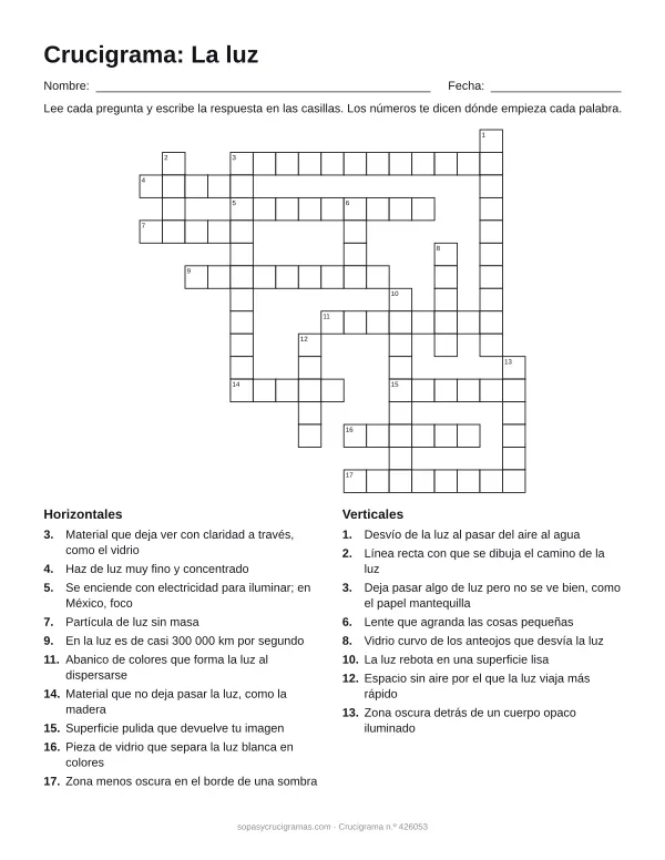 Hoja para imprimir del crucigrama de la luz: cuadrícula numerada de 16 × 17 con 10 palabras horizontales y 8 verticales, y la lista de pistas.