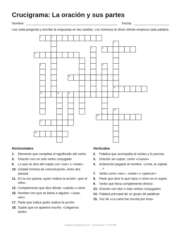 Hoja para imprimir del crucigrama de la oración y sus partes: cuadrícula numerada de 19 × 20 con 9 palabras horizontales y 9 verticales, y la lista de pistas.