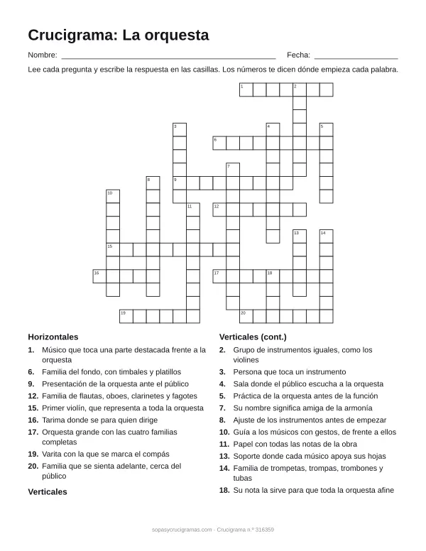 Hoja para imprimir del crucigrama de la orquesta: cuadrícula numerada de 18 × 18 con 9 palabras horizontales y 11 verticales, y la lista de pistas.