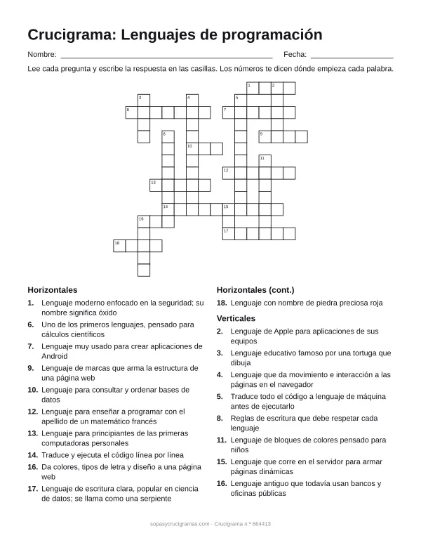 Hoja para imprimir del crucigrama de lenguajes de programación: cuadrícula numerada de 16 × 16 con 11 palabras horizontales y 8 verticales, y la lista de pistas.