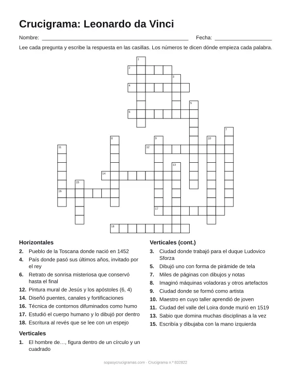 Hoja para imprimir del crucigrama de Leonardo da Vinci: cuadrícula numerada de 20 × 20 con 8 palabras horizontales y 10 verticales, y la lista de pistas.