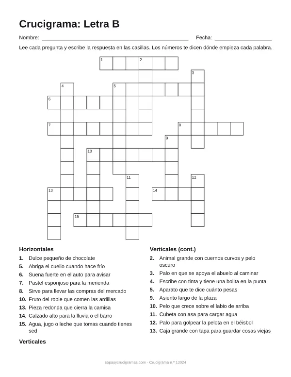 Hoja para imprimir del crucigrama de la letra B: cuadrícula numerada de 14 × 15 con 9 palabras horizontales y 9 verticales, y la lista de pistas.