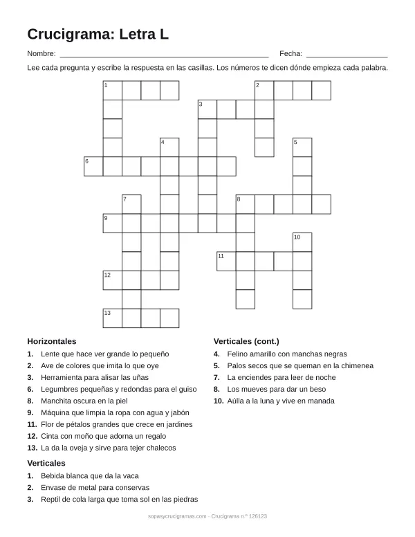 Hoja para imprimir del crucigrama de la letra L: cuadrícula numerada de 13 × 13 con 9 palabras horizontales y 8 verticales, y la lista de pistas.