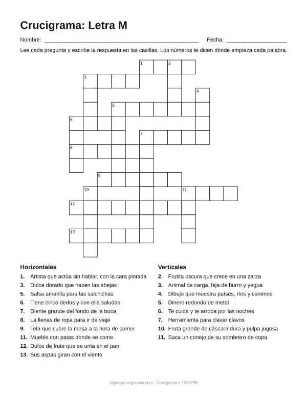 Hoja para imprimir del crucigrama de la letra M: cuadrícula numerada de 14 × 12 con 10 palabras horizontales y 8 verticales, y la lista de pistas.