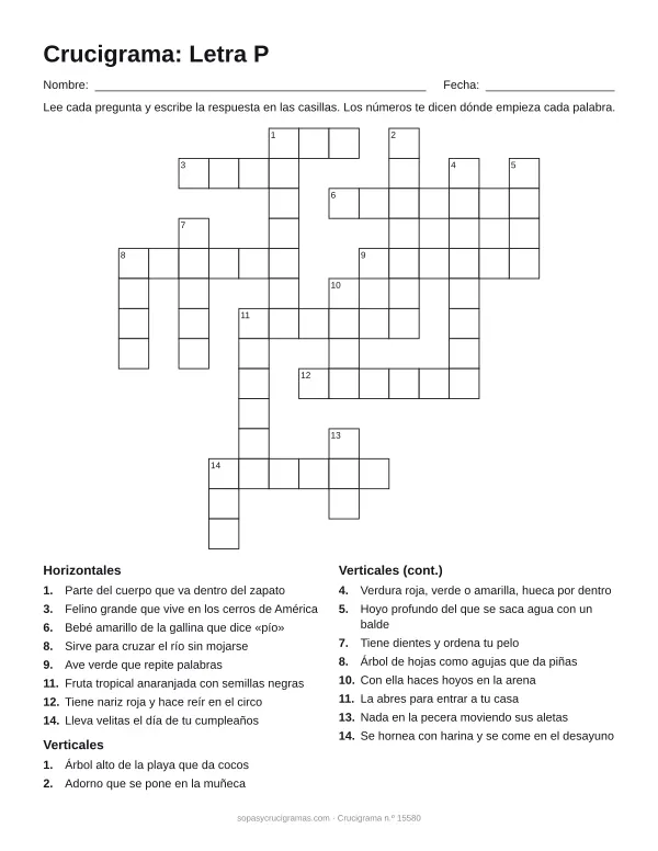 Hoja para imprimir del crucigrama de la letra P: cuadrícula numerada de 14 × 14 con 8 palabras horizontales y 10 verticales, y la lista de pistas.