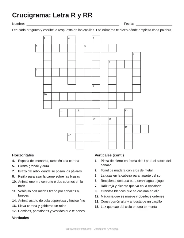 Hoja para imprimir del crucigrama de la letra R y la RR: cuadrícula numerada de 14 × 14 con 9 palabras horizontales y 9 verticales, y la lista de pistas.