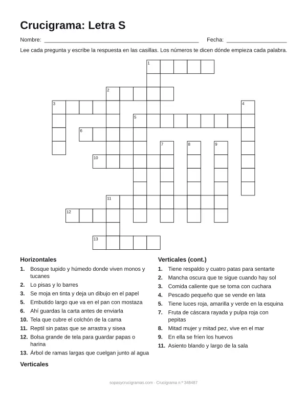 Hoja para imprimir del crucigrama de la letra S: cuadrícula numerada de 14 × 15 con 9 palabras horizontales y 9 verticales, y la lista de pistas.