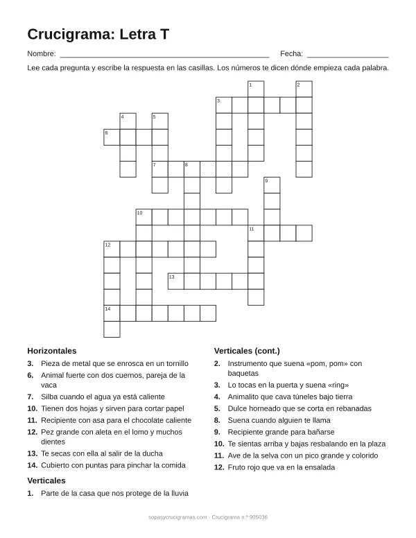 Hoja para imprimir del crucigrama de la letra T: cuadrícula numerada de 16 × 13 con 8 palabras horizontales y 10 verticales, y la lista de pistas.
