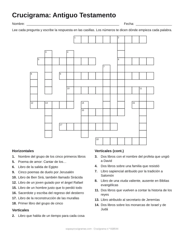 Hoja para imprimir del crucigrama de libros del Antiguo Testamento: cuadrícula numerada de 15 × 17 con 10 palabras horizontales y 8 verticales, y la lista de pistas.