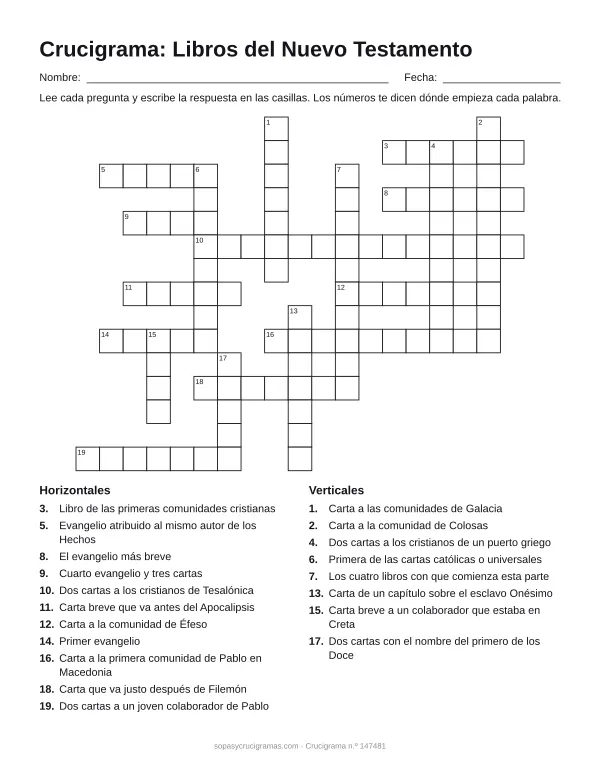 Hoja para imprimir del crucigrama de los libros del Nuevo Testamento: cuadrícula numerada de 15 × 19 con 11 palabras horizontales y 8 verticales, y la lista de pistas.