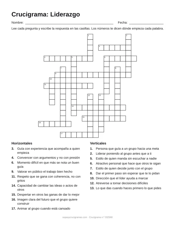 Hoja para imprimir del crucigrama del liderazgo: cuadrícula numerada de 19 × 18 con 9 palabras horizontales y 9 verticales, y la lista de pistas.