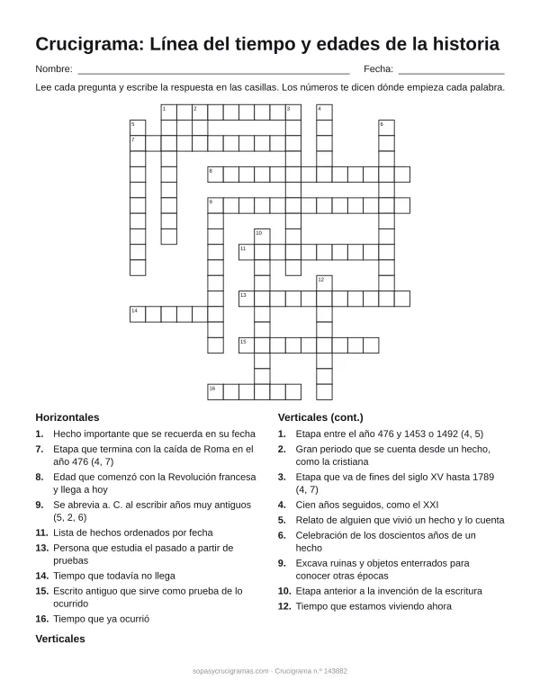 Hoja para imprimir del crucigrama de la línea del tiempo: cuadrícula numerada de 19 × 18 con 9 palabras horizontales y 9 verticales, y la lista de pistas.