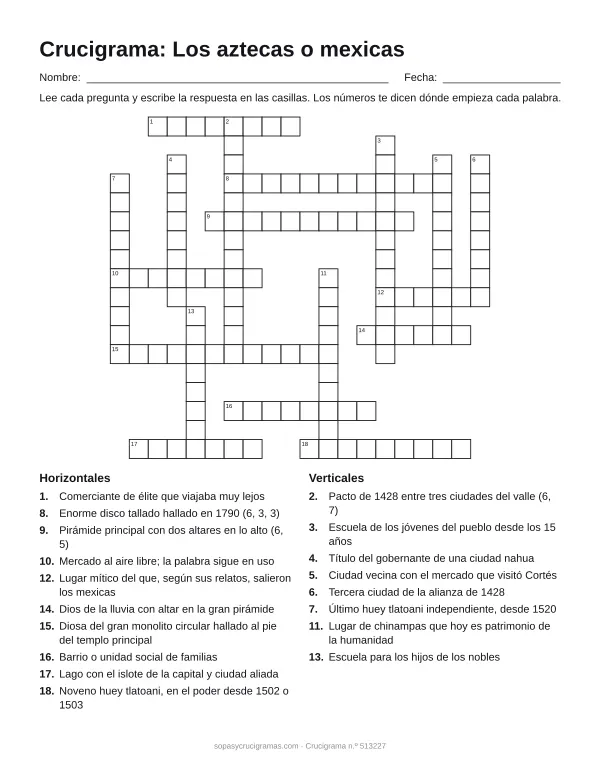 Hoja para imprimir del crucigrama de los aztecas: cuadrícula numerada de 18 × 20 con 10 palabras horizontales y 8 verticales, y la lista de pistas.