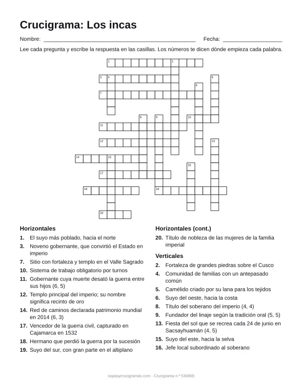 Hoja para imprimir del crucigrama de los incas: cuadrícula numerada de 20 × 19 con 11 palabras horizontales y 9 verticales, y la lista de pistas.