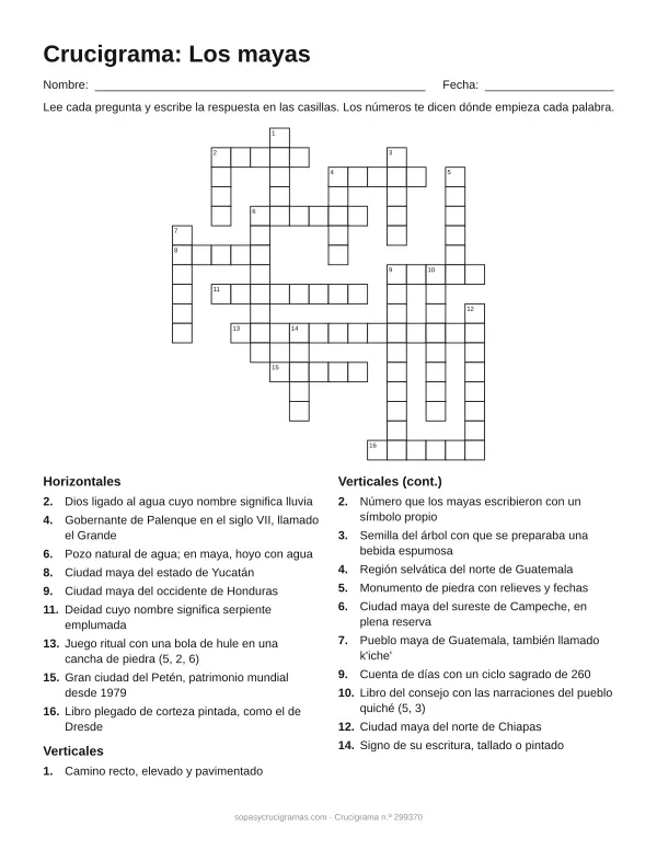 Hoja para imprimir del crucigrama de los mayas: cuadrícula numerada de 17 × 16 con 9 palabras horizontales y 11 verticales, y la lista de pistas.
