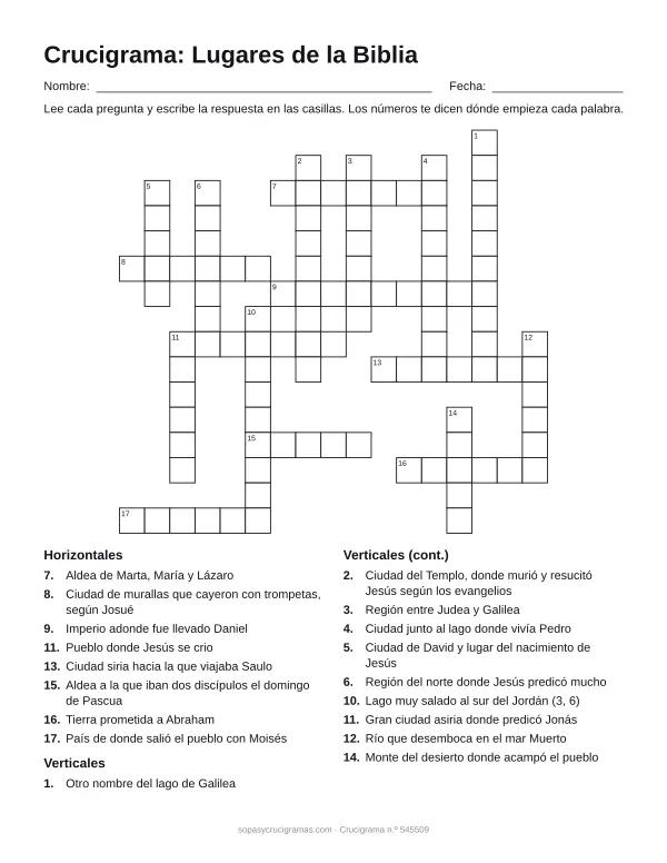 Hoja para imprimir del crucigrama de lugares de la Biblia: cuadrícula numerada de 16 × 17 con 8 palabras horizontales y 10 verticales, y la lista de pistas.