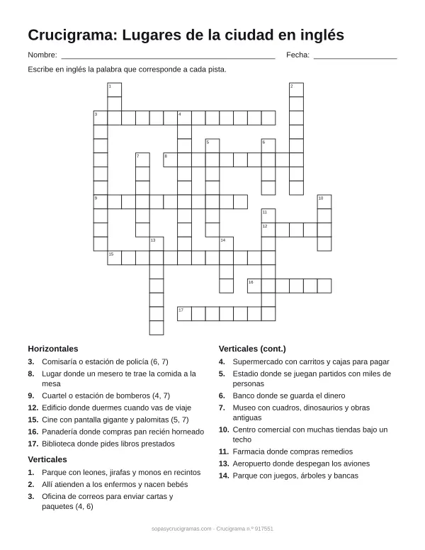 Hoja para imprimir del crucigrama de la ciudad en inglés: cuadrícula numerada de 18 × 17 con 7 palabras horizontales y 11 verticales, y la lista de pistas.