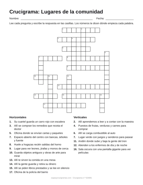 Hoja para imprimir del crucigrama de los lugares de la comunidad: cuadrícula numerada de 18 × 16 con 11 palabras horizontales y 7 verticales, y la lista de pistas.