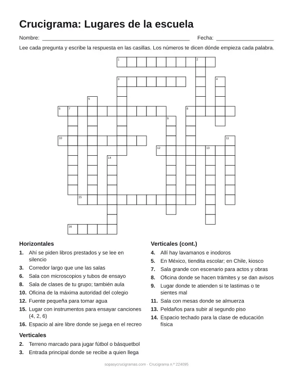 Hoja para imprimir del crucigrama de los lugares de la escuela: cuadrícula numerada de 18 × 18 con 8 palabras horizontales y 10 verticales, y la lista de pistas.