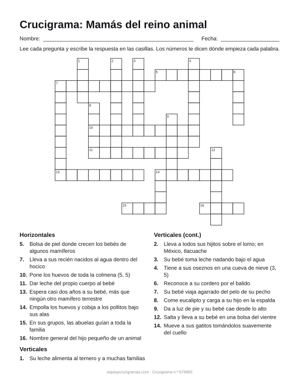 Hoja para imprimir del crucigrama de mamás del reino animal: cuadrícula numerada de 15 × 17 con 8 palabras horizontales y 10 verticales, y la lista de pistas.