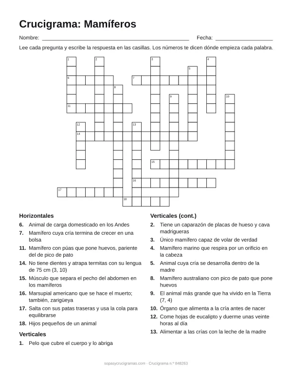 Hoja para imprimir del crucigrama de los mamíferos: cuadrícula numerada de 16 × 19 con 8 palabras horizontales y 10 verticales, y la lista de pistas.