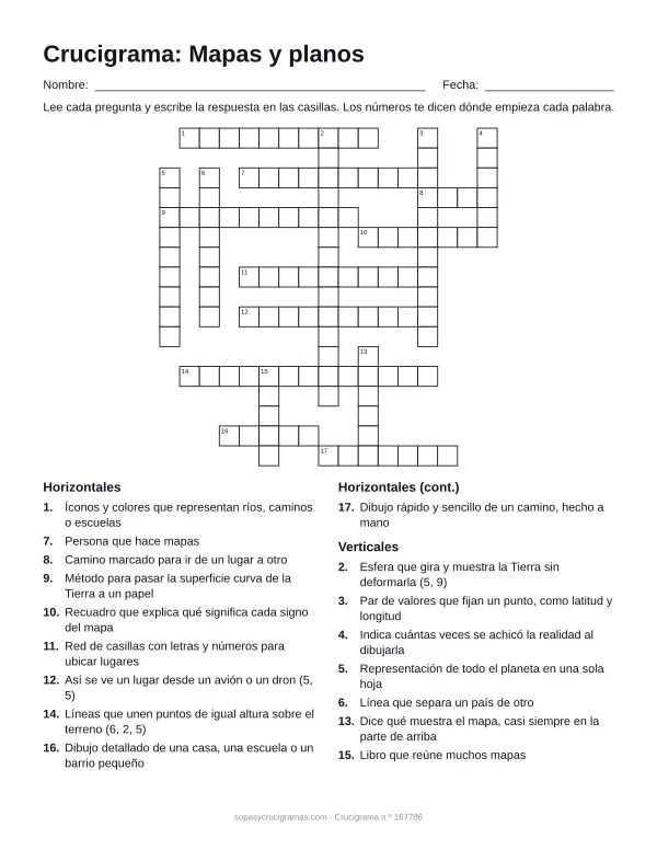 Hoja para imprimir del crucigrama de mapas y planos: cuadrícula numerada de 17 × 17 con 10 palabras horizontales y 7 verticales, y la lista de pistas.