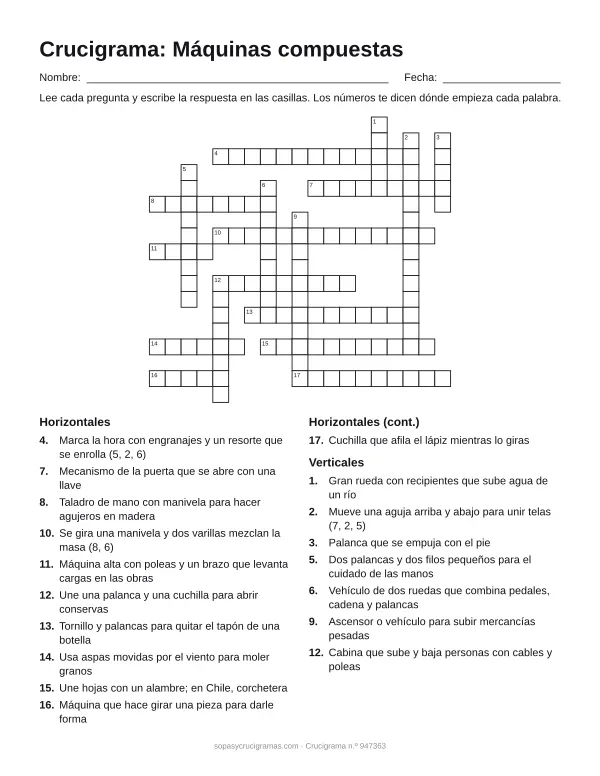 Hoja para imprimir del crucigrama de máquinas compuestas: cuadrícula numerada de 18 × 19 con 11 palabras horizontales y 7 verticales, y la lista de pistas.